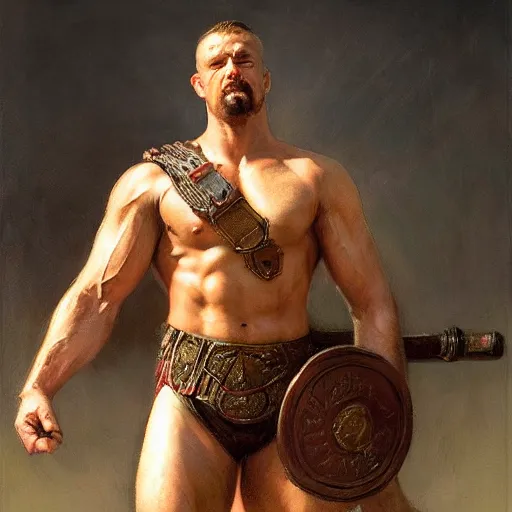 Prompt: handsome portrait of a spartan guy bodybuilder posing, war hero, wrestling singlet, radiant light, caustics, by gaston bussiere, bayard wu, greg rutkowski, giger, maxim verehin