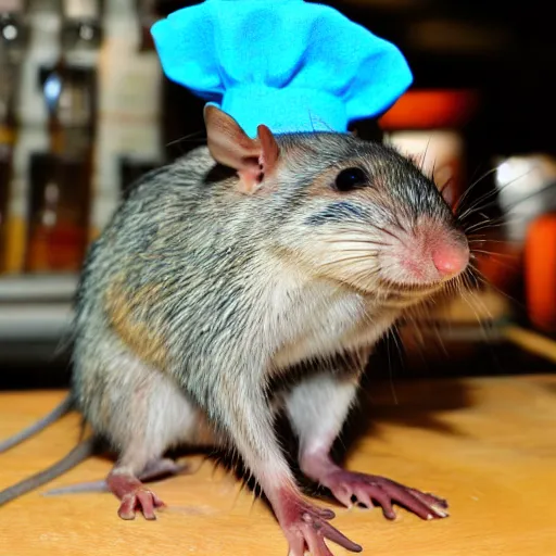 Prompt: blue rat with chef's hat