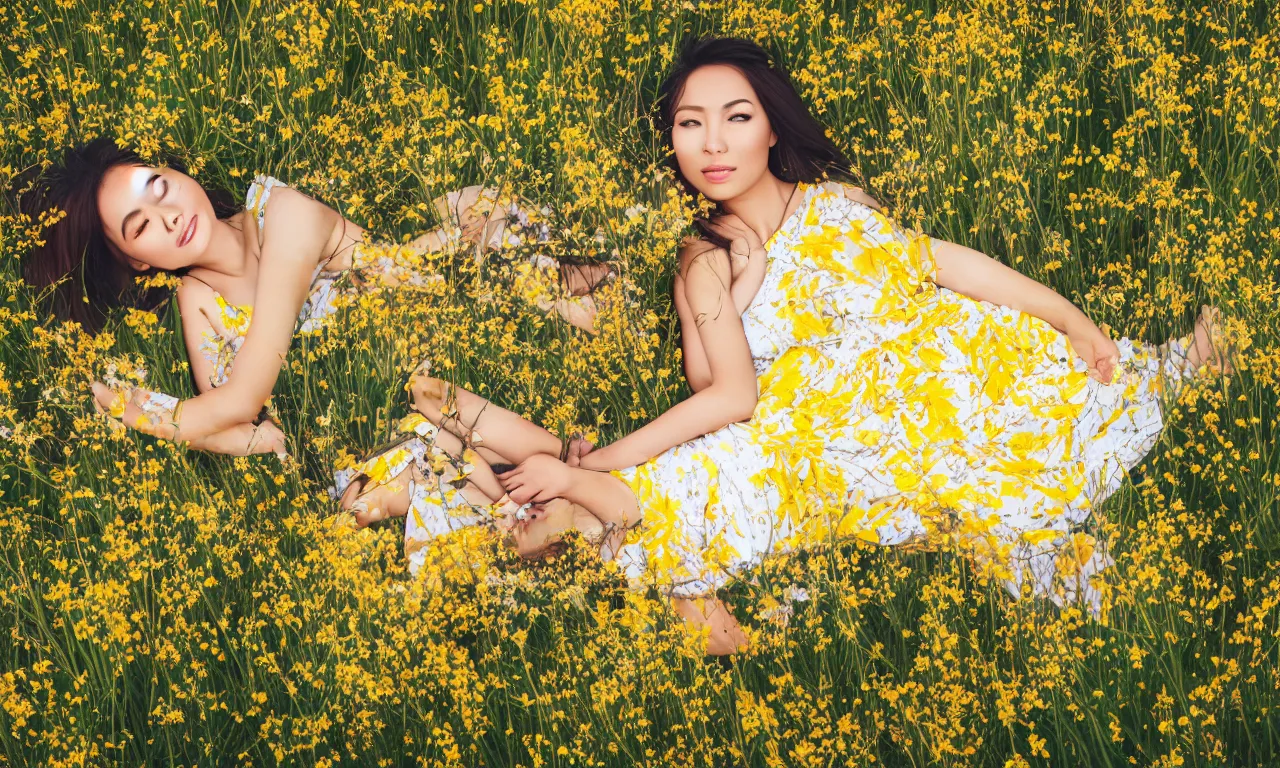 Image similar to beautiful Asian woman lying in a field of wildflowers, wearing a yellow and white sun dress, medium close, dreamy