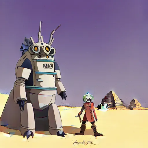 Prompt: a study of cell shaded cartoon of a mechanized grey jackel from howl's moving castle ( 2 0 0 4 ), in front of pyramids on a desert road, full body, wide shot, very muted colors, post grunge, studio ghibli, laurie greasley, highly detailed, deviantart, art by artgem