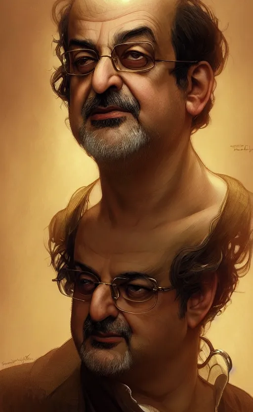 Image similar to portrait of salman rushdie, deep focus, d & d, fantasy, intricate, elegant, highly detailed, digital painting, artstation, concept art, matte, sharp focus, illustration, art by artgerm and greg rutkowski and alphonse mucha