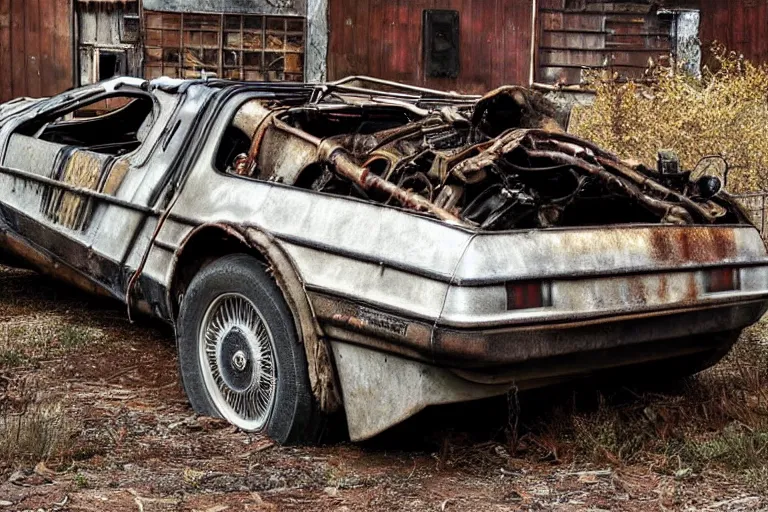 Prompt: rusty, derelict 1 9 2 2 delorean inside a dusty worn down old barn