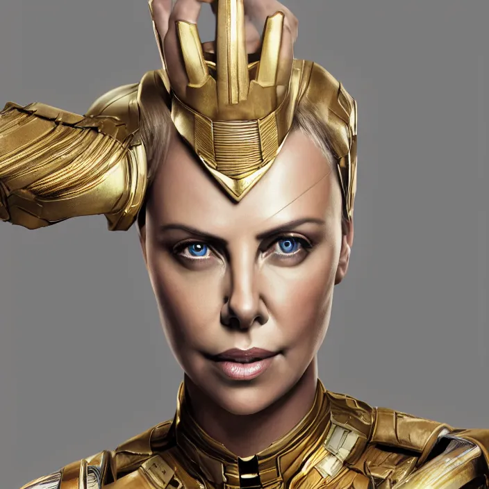 Prompt: portrait of Charlize Theron, wearing The Infinity Gauntlet. intricate artwork. octane render, trending on artstation, very coherent symmetrical artwork. avengers. thanos. cinematic, hyper realism, high detail, octane render, 8k, iridescent accents