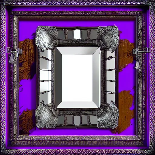 Image similar to castle interior with a mirror in the shape of an antique silver tray floating and shooting purple magic, digital art