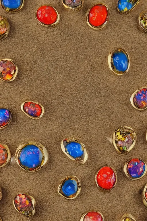 Image similar to Portrait Photo of wild flowers surrounded by fire opal marbles on desert sand, sunlit, 80s Versace ad, depth of field, highly detailed, award.