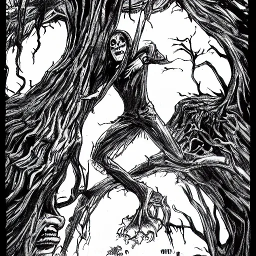 Image similar to b & w horror comic art of a vampire emerging from a hole beneath a tree