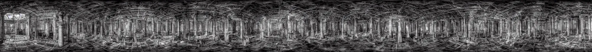 Image similar to photo of an immersive forgotten panopticon well full of eyes, with columns and destroyed cybernetics from an ancient civilization, photorealistic, higly detailed dark, 3 6 0 picture, panorama, 3 5 mm slide, trending on flickr, in the style of francesca woodman, zachary corzine, zhelong xu, greg rutkowski and anders zorn