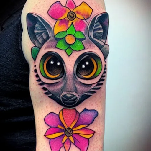 Image similar to shoulder tattoo of a multicolored trippy furry cute bushbaby, eyes are colorful spirals, surrounded with colorful flowers and ganja leaves, insanely integrate