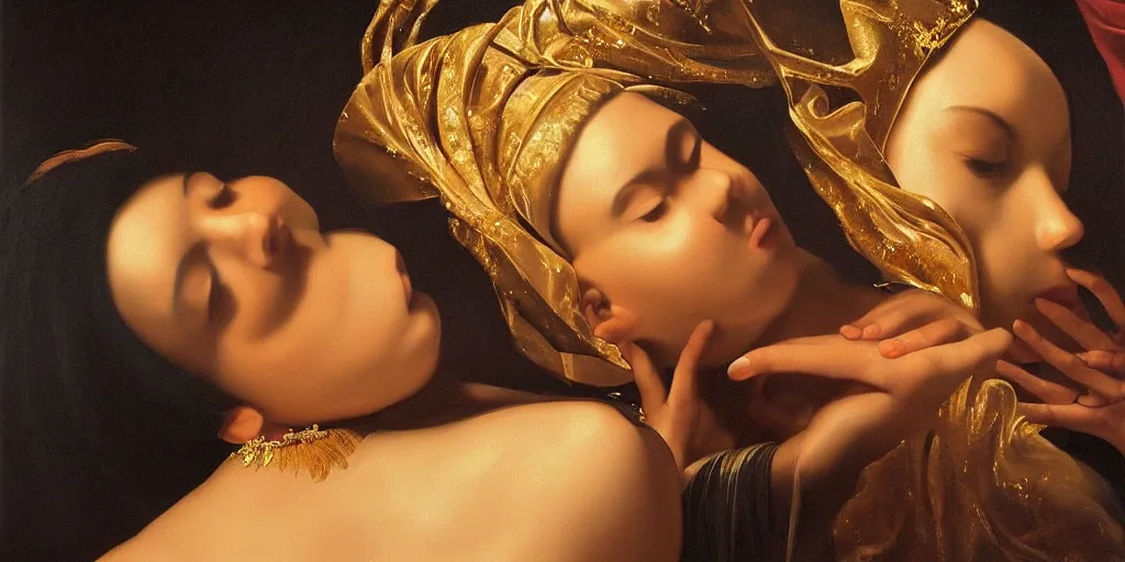 Image similar to beautiful oil matte painting, women with gold skin showered with diamonds, wonderful masterpiece highly detailed, beautiful cinematic light deep focus, elegant, digital painting, smooth, sharp focus, golden ratio, dramatic illumination, ultra realistic, 8 k, art by artemisia lomi gentileschi and caravaggio