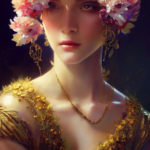 Image similar to expressive oil painting, of alluring european princess, seductive look, smooth glowing skin, glistening body, ornate headpiece made from flowers, glamour shot, by yoshitaka amano, by greg rutkowski, by jeremyg lipkinng, by artgerm, digital art, octane render