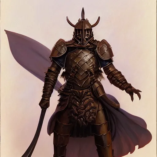 Image similar to ( ( ( full length portrait of a dark tabby tabaxi paladin, halberd, breastplate ) ) ), d & d, tyler jacobson, greg rutkowski, frank frazetta, alexandre chaudret, boris vallejo, michael whelan, miro petrov, magali villeneuve, donato giancola