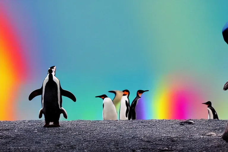 Image similar to a cinematic photo of a penguin, rainbow, lemonade, masterpiece