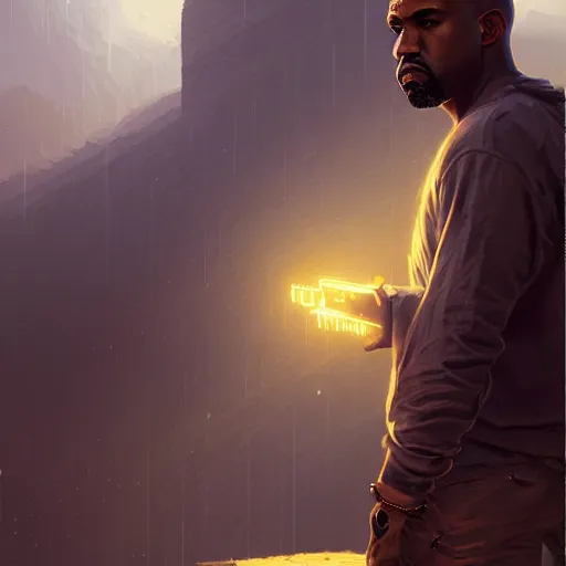 Image similar to highly detailed portrait kanye west holding glock gta v stephen bliss unreal engine fantasy art by greg rutkowski loish rhads ferdinand knab makoto shinkai lois van baarle ilya kuvshinov rossdraws tom bagshaw global illumination radiant light detailed intricate environment