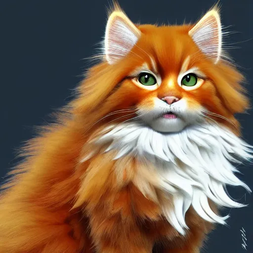 Prompt: orange maine coon, norwegian forest cat, cuddly fur, pixar cute, highly detailed, sharp focus, digital painting, artwork by Victor Adame Minguez + Yuumei + Tom Lovell + Sandro Botticelli