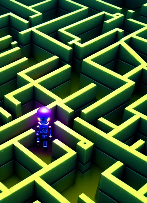 Image similar to robot in a maze by greg rutkowski and andreas rocha, tilt shift, ultra realistic, lush colours, unreal engine, trending on artstation, 4 k