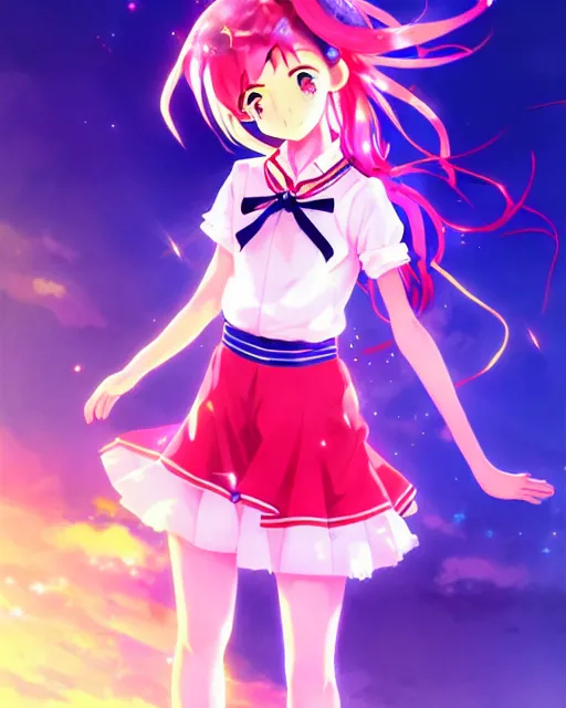 Image similar to anime style, vivid, expressive, full body, 4 k, painting, a cute magical girl with a long wavy hair wearing a sailor outfit, correct proportions, stunning, realistic light and shadow effects, neon lights, studio ghibly makoto shinkai yuji yamaguchi