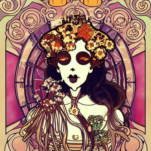 Prompt: anime manga skull portrait woman comic skeleton illustration style by Alphonse Mucha and Gustav Klimt pop art