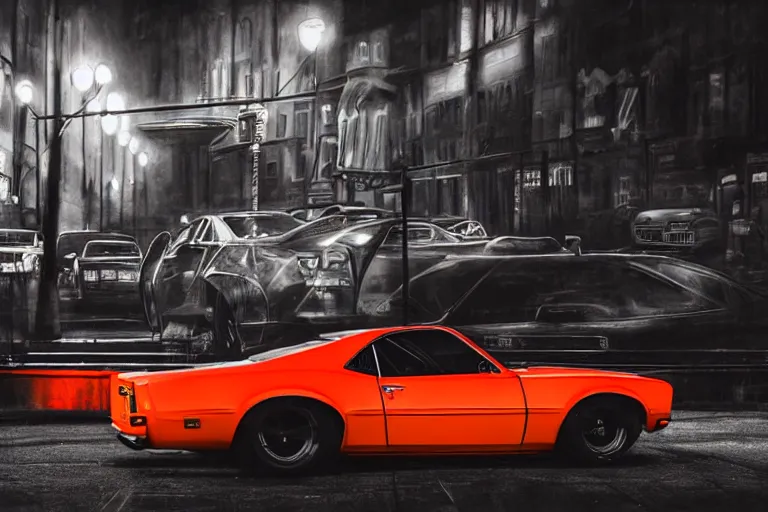 Image similar to widebody audi camaro b 1 ( 1 9 6 9 ), need for speed : carbon, at night, sci - fi, neon lines, lviv historic centre, phonk music background, smoke behind wheels, noise, dark, establishing shot, by simon stalenhag