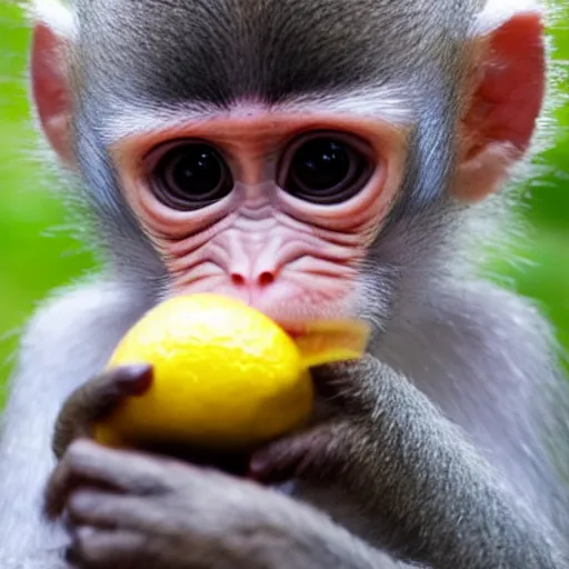 Image similar to baby monkey drinking lemonade, 4k, 8k, realistic, cute,