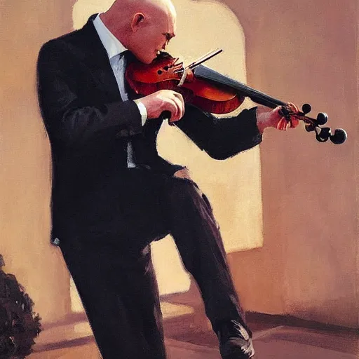 Prompt: agent 4 7 from hitman playing a violin, by gregory manchess, james gurney, james jean