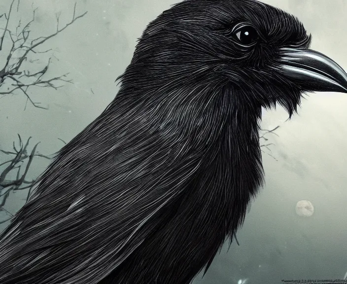 Prompt: a hyper-detailed fantasy wallpaper book cover, close-up portrait of a crow flying above a tree in front of the full big moon; an extraordinary masterpiece!!!; flawless; proud posture; photorealistic eyes; trending on artstation; f/1.4; 90mm