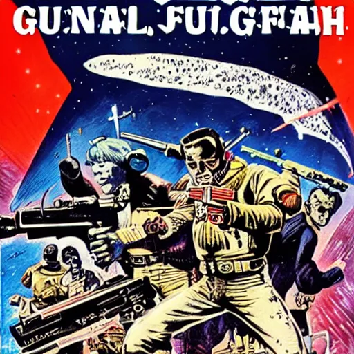 Image similar to space opera gunfight, in the style of feldstein, johnny craig, wally wood, and jack davis - - ar 1 6 : 9 subbed out gunfight for : slugfest, shootout, warzone,