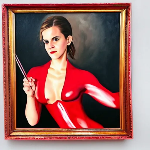 Image similar to oil painting of emma watson in slick red latex outfit, holding a riding crop. safe for work!