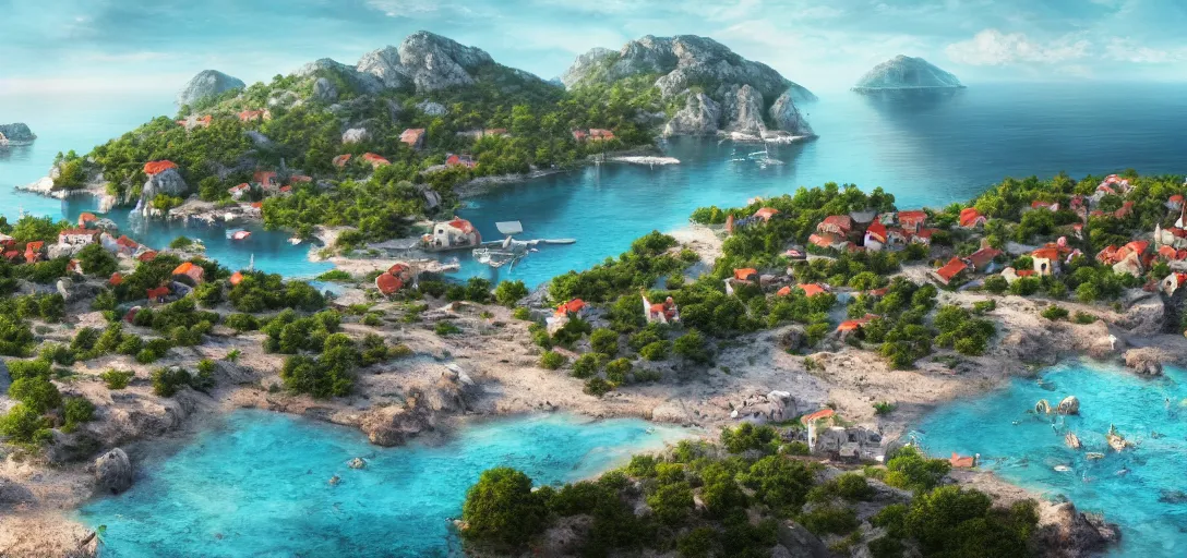 Prompt: landscape photo of croatian coast, village, futuristic, year 2 3 0 0, post - apocalyptic, photorealistic