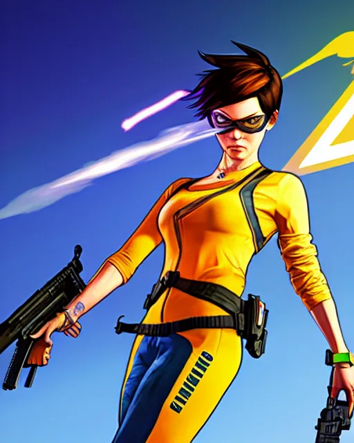 Image similar to gta 5, grand theft auto 5 cover art of tracer from overwatch