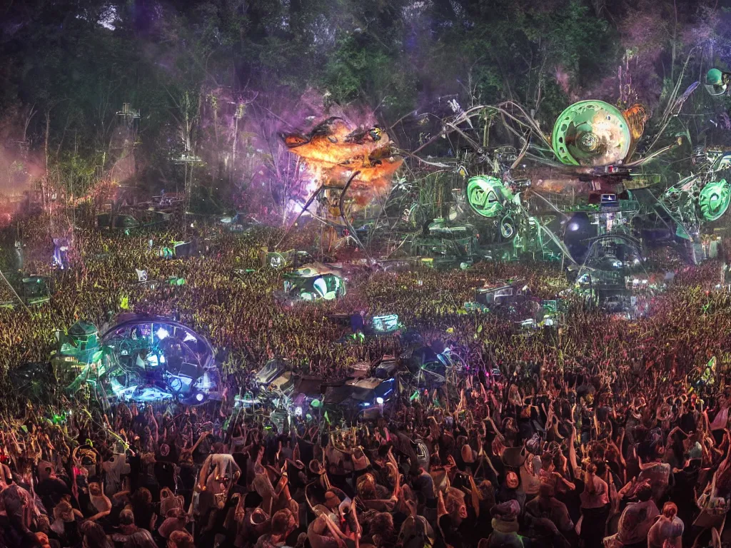 Image similar to an incredible masterpiece of a cyborg dj is playing a vast array of highly evolved and complex musical technology on a stage surrounded by an incredible and complex circular robotic structure playing highly evolved music overlooking a crowd at a forest festival lit by fire, by craig mullins