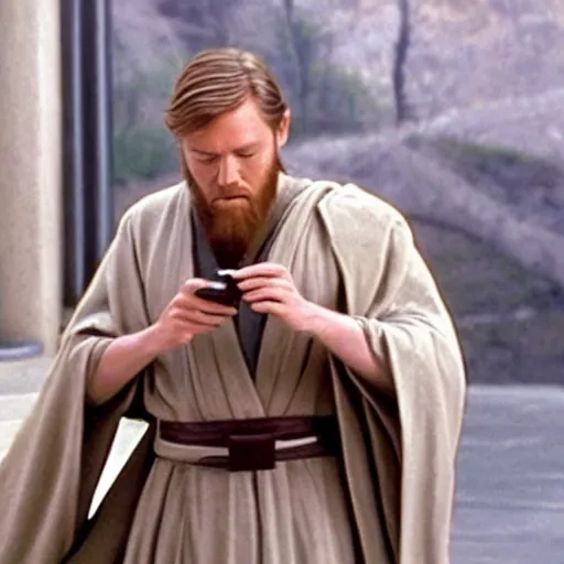 Image similar to obi-wan kenobi using a cell phone while drunk