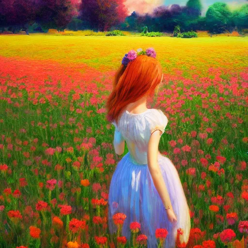 Prompt: large rose head, girl standing in a flower field, surreal photography, sunrise dramatic light, impressionist painting, colorful clouds, digital painting, artstation, simon stalenhag