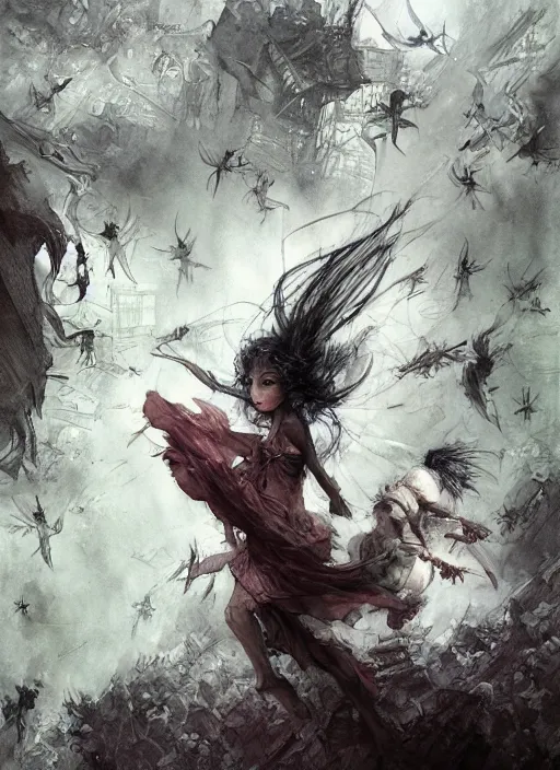 Image similar to portrait, Dark fairies stealing away children into the sky over London, watercolor, pen and ink, intricate line drawings, by Yoshitaka Amano, Ruan Jia, Kentaro Miura, Artgerm, post processed, concept art, artstation, matte painting, style by eddie mendoza, raphael lacoste, alex ross