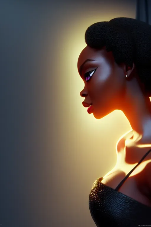 Prompt: beautiful black femme fatale woman wearing cocktail dress and heels, pixar, volumetric lighting, epic composition, hyper detailed, ultra realistic, sharp focus, octane render, volumetric, ray tracing, artstation trending, cgsociety, sense of awe, 4 k