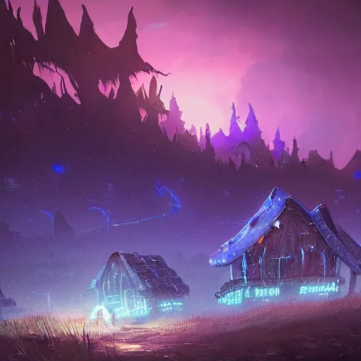 Image similar to concept art painting of a fantasy alien nighttime landscape of houses made of fungus, with glowing blue lights, glowing blue mushrooms, dark purple sky, realistic, detailed, cel shaded, in the style of makoto shinkai and greg rutkowski and albert bierstadt and james gurney