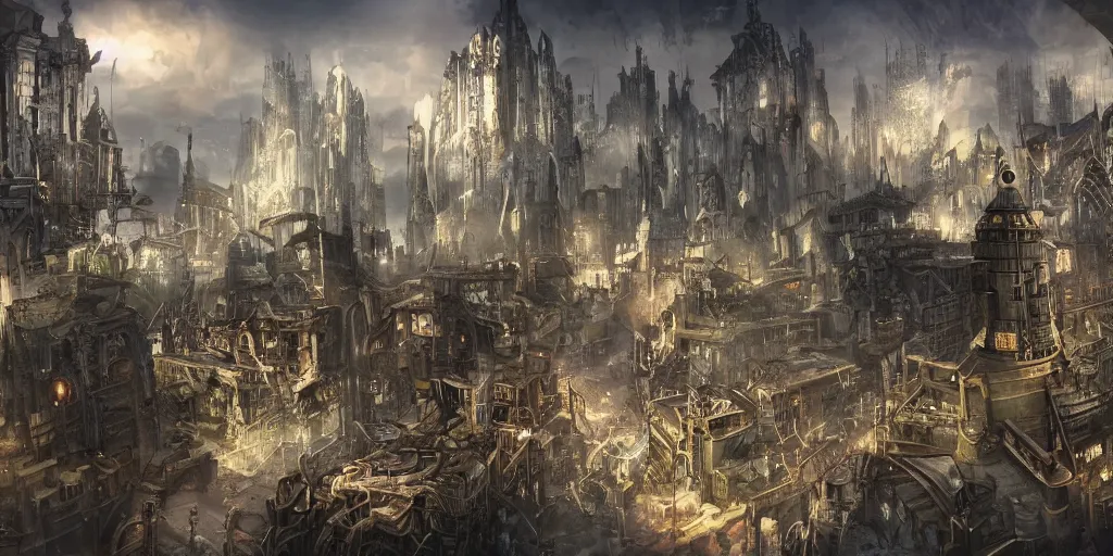 Image similar to Landscape imagery of a crime ridden city mixed of technology and magic, wizards and machines, steampunk, dungeons and dragons, artificer, 8k, realistic