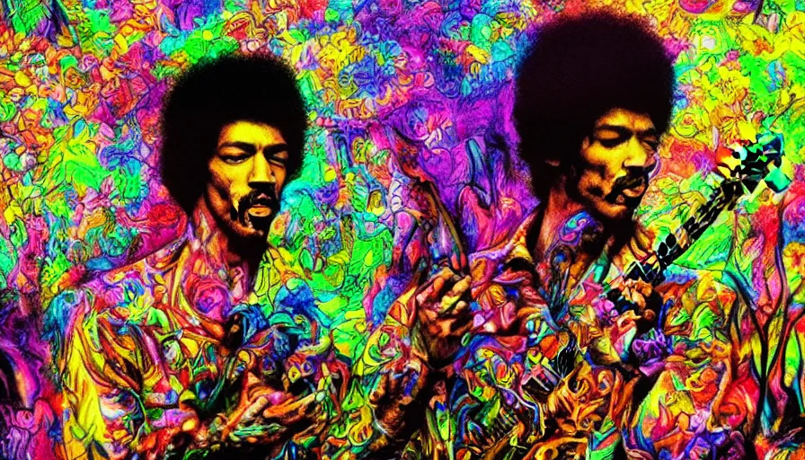 Prompt: landscape Jimy Hendrix in psychrdelic dmt lsd forest, photorealistic, artgerm, artwork by Arian, Mark