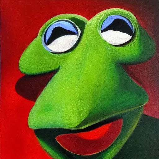 Image similar to portrait of kermit the frog with salvadore dali mustache, expressive oil painting
