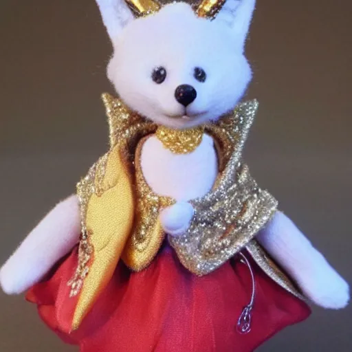 Image similar to a toy fox wearing a beautiful queen dress, highly detailed, exquisite, fabulous