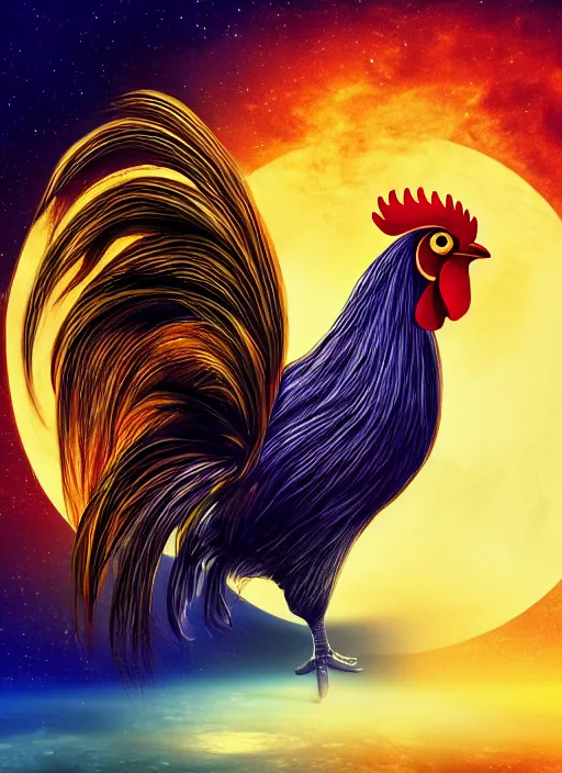 Image similar to rooster in a planetary scene, mystical, astral, digital art, concept art, 4 k hd, symmetrical portrait