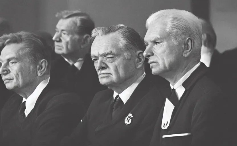 Prompt: 50s movie still close-up portrait of an elder soviet generals in a empty stalinist hall, by David Bailey, Cinestill 800t 50mm black and white, heavy grainy picture, very detailed, high quality, 4k, HD criterion, precise texture and facial expression