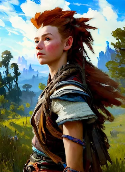 Image similar to portrait of a american Aloy from Horizon Zero Dawn in the style of League of Legends practicing, countryside, calm, fantasy character portrait, dynamic pose, above view, sunny day, thunder clouds in the sky, artwork by Jeremy Lipkin and Giuseppe Dangelico Pino and Michael Garmash and Rob Rey and Huang Guangjian, face by Fernanda Suarez and Greg Manchess, very coherent asymmetrical artwork, sharp edges, perfect face, simple form, 100mm