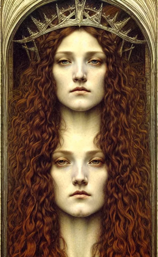 Image similar to detailed realistic beautiful young medieval queen face portrait by jean delville, gustave dore and marco mazzoni, art nouveau, symbolist, visionary, gothic, pre - raphaelite. horizontal symmetry