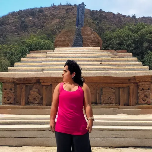 Image similar to a beautiful cute 35 year old latina stands on top of a mystic temple