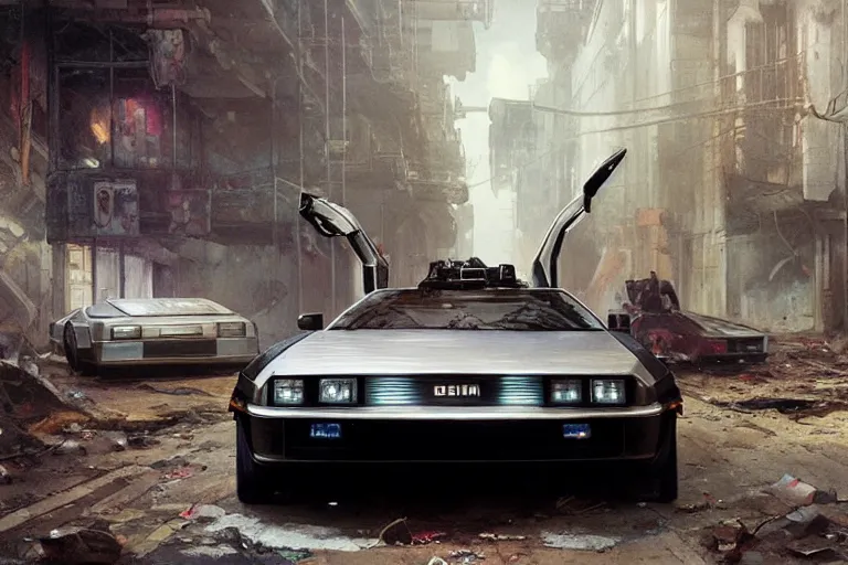 Image similar to photograph of the delorean, with a sleek spoiler, driving down the streets of a cyberpunk abandoned city, by greg rutkowski, by stanley artgerm, by alphonse mucha