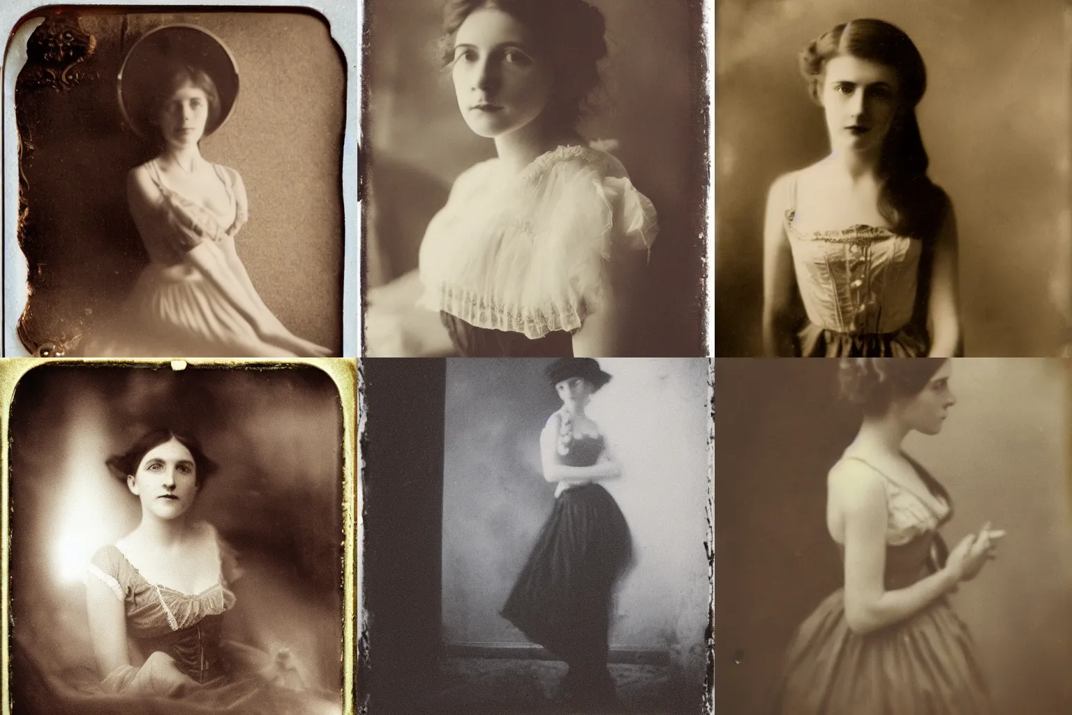 Prompt: Victorian, Edwardian, vintage, photography, 4k, detailed, sepia, pinhole camera, tin plate photography, Henri Cartier-Bresson, young woman in a dress, morbid photography, boudoir photography, beautiful, portrait, romantic