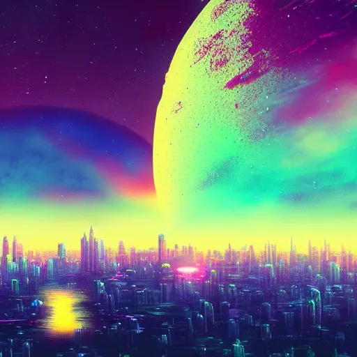 Image similar to comet over city, night sky, synthwave, trending on artstation