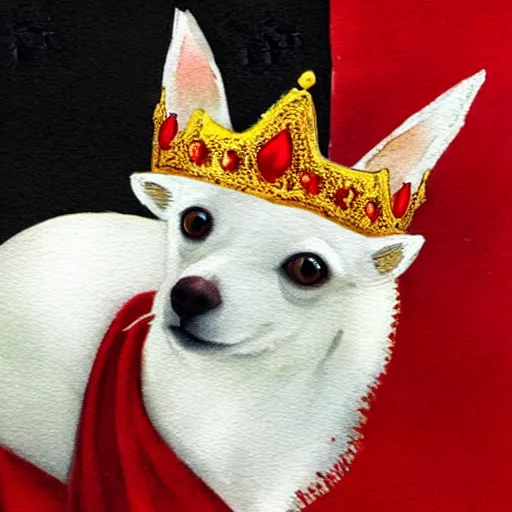 Prompt: fluffy white chihuahua king wearing a red and gold crown cinematic composition, watercolor, cute