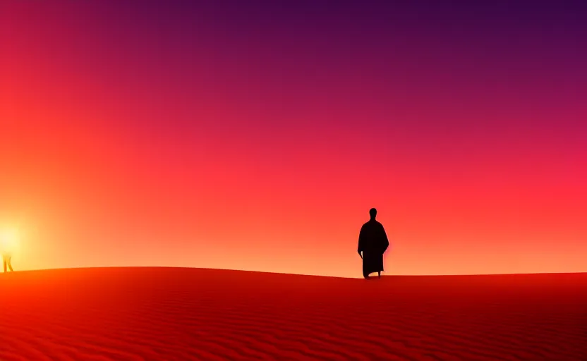 Image similar to a man on a sand dune, silhouetted against the horizon, desert landscape, simple robe blowing in the wind, sun setting, orange and red sky, detailed, futuristic, volumetric light, intricate, detailed, photorealistic imagery, artstation