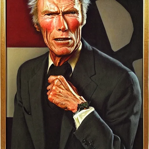 Image similar to a portrait painting of Clint Eastwood. Painted by Norman Rockwell